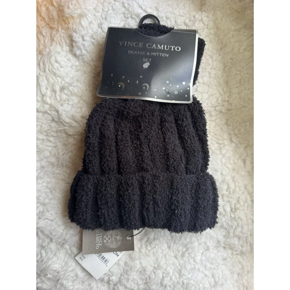 Vince Camuto Plush Beanie Hat & Mitten Glove Gift Set Black Gray Nordstrom NEW